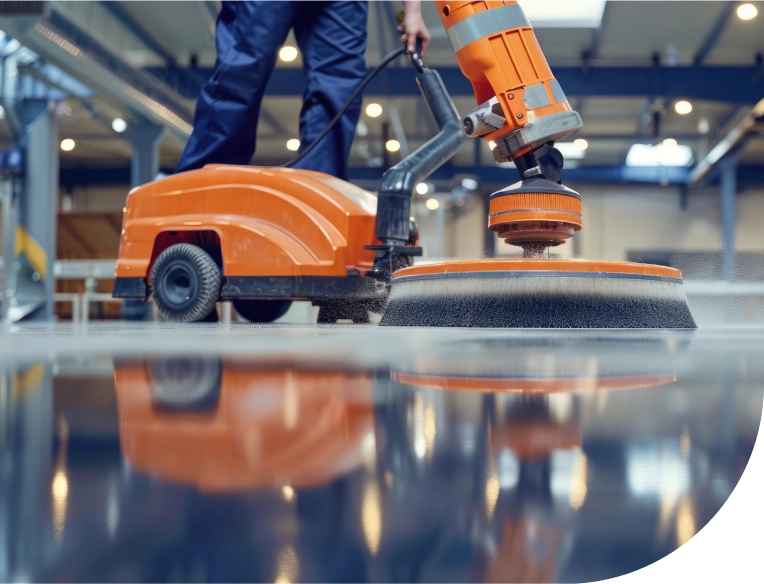 Professional operating a floor buffer to polish commercial facility floors