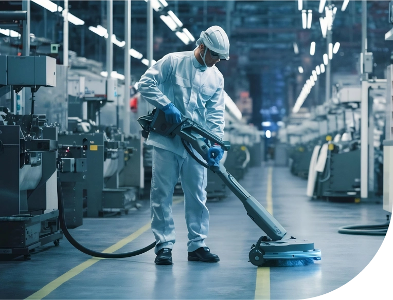 Industrial cleaner in full PPE using a floor scrubbing machine in a high-tech manufacturing facility.