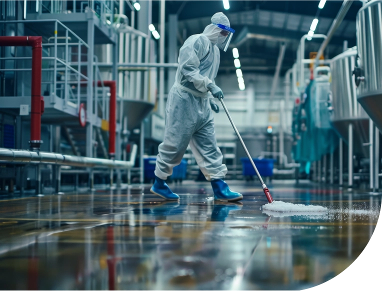Technician in protective gear mopping a reflective factory floor surrounded by tanks and piping systems.
