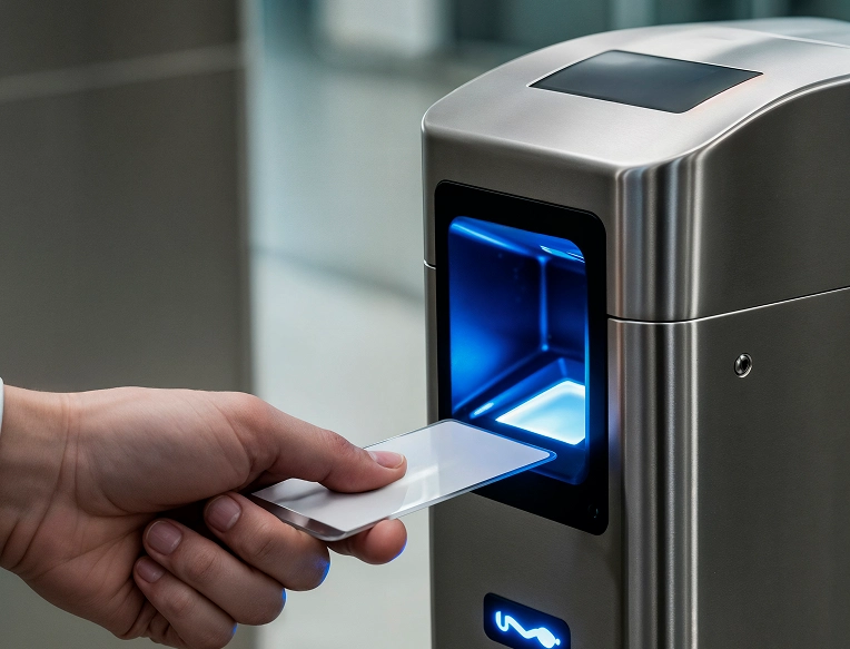 Person scanning a white access card at a biometric-enabled security turnstile, showcasing secure and efficient facility entry.