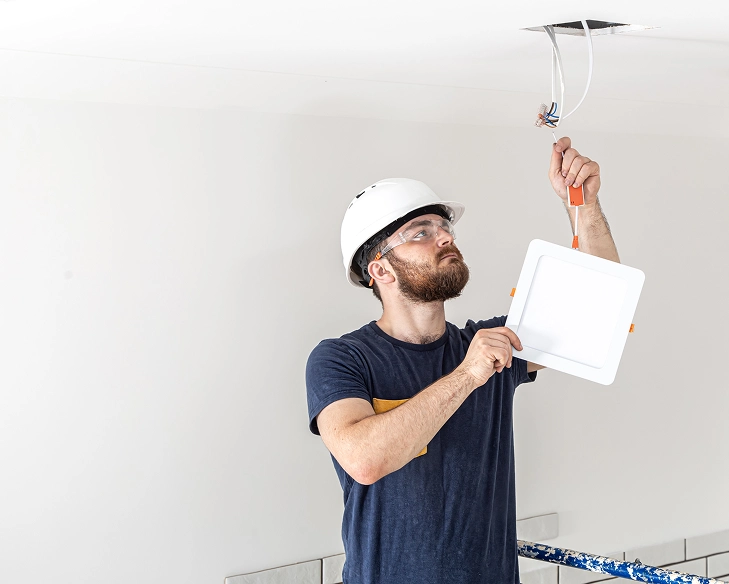 Commercial electrician installing ceiling lights at height with safety gear.