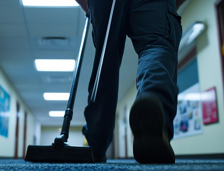 Maintenance worker vacuuming carpeted hallway in a commercial facility for clean air and energy efficiency