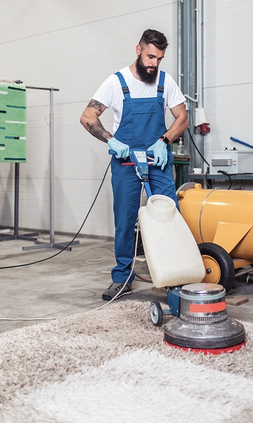 A maintenance worker in blue overalls applying floor polish using professional equipment inside an industrial space.