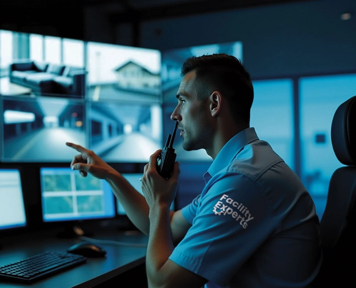 Security officer monitoring live surveillance feeds and communicating via two-way radio in a high-tech control room.