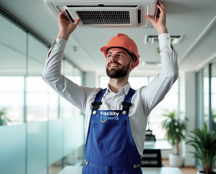 Maintenance technician inspecting ceiling HVAC vents in a modern office building while wearing a hard hat and Facility Experts uniform.