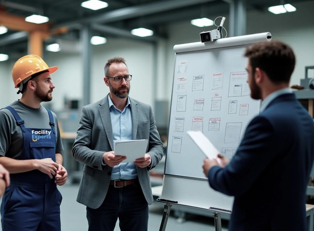 Facility Experts team meeting in an industrial setting with whiteboard and planning charts, highlighting service benefits